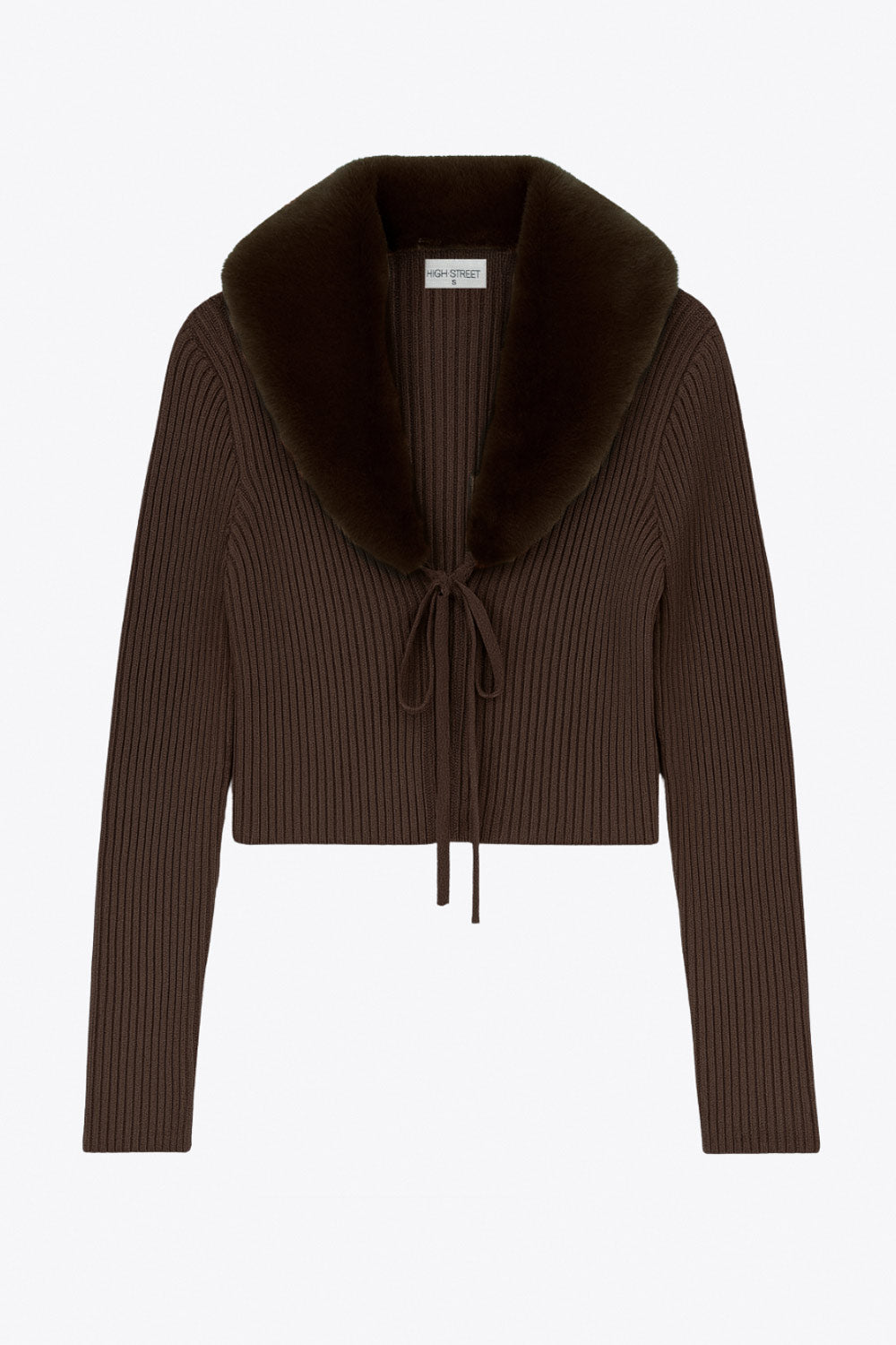 Jersey corto canalé de fit recto, manga larga, cuello v con solapa desmontable de efecto pelo y cierre frontal lazo amarrable.