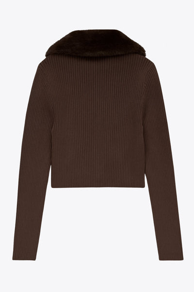 Jersey corto canalé de fit recto, manga larga, cuello v con solapa desmontable de efecto pelo y cierre frontal lazo amarrable.