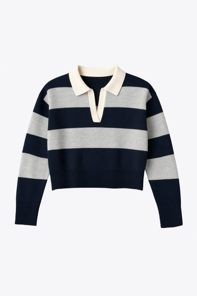 Jersey corto de punto, estampado rayas, fit recto, manga larga con rib en puño y escote v con cuello polo en contraste.