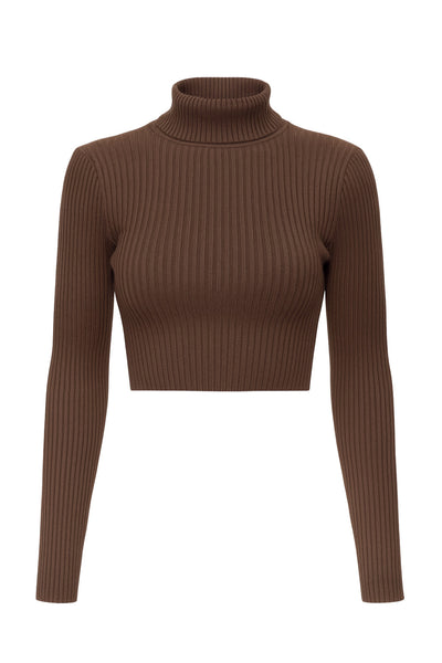 Jersey corto canalé de fit ajustado, cuello alto con doblez y manga larga.