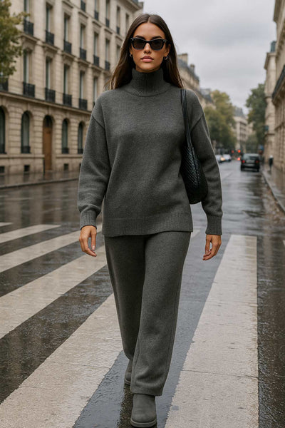 Jersey de punto, fit oversized, cuello alto con rib, manga larga amplia con hombro caído, rib en bajo y puños. Detalle de costuras decorativas.