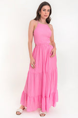 Maxi vestido halter con olanes cut out