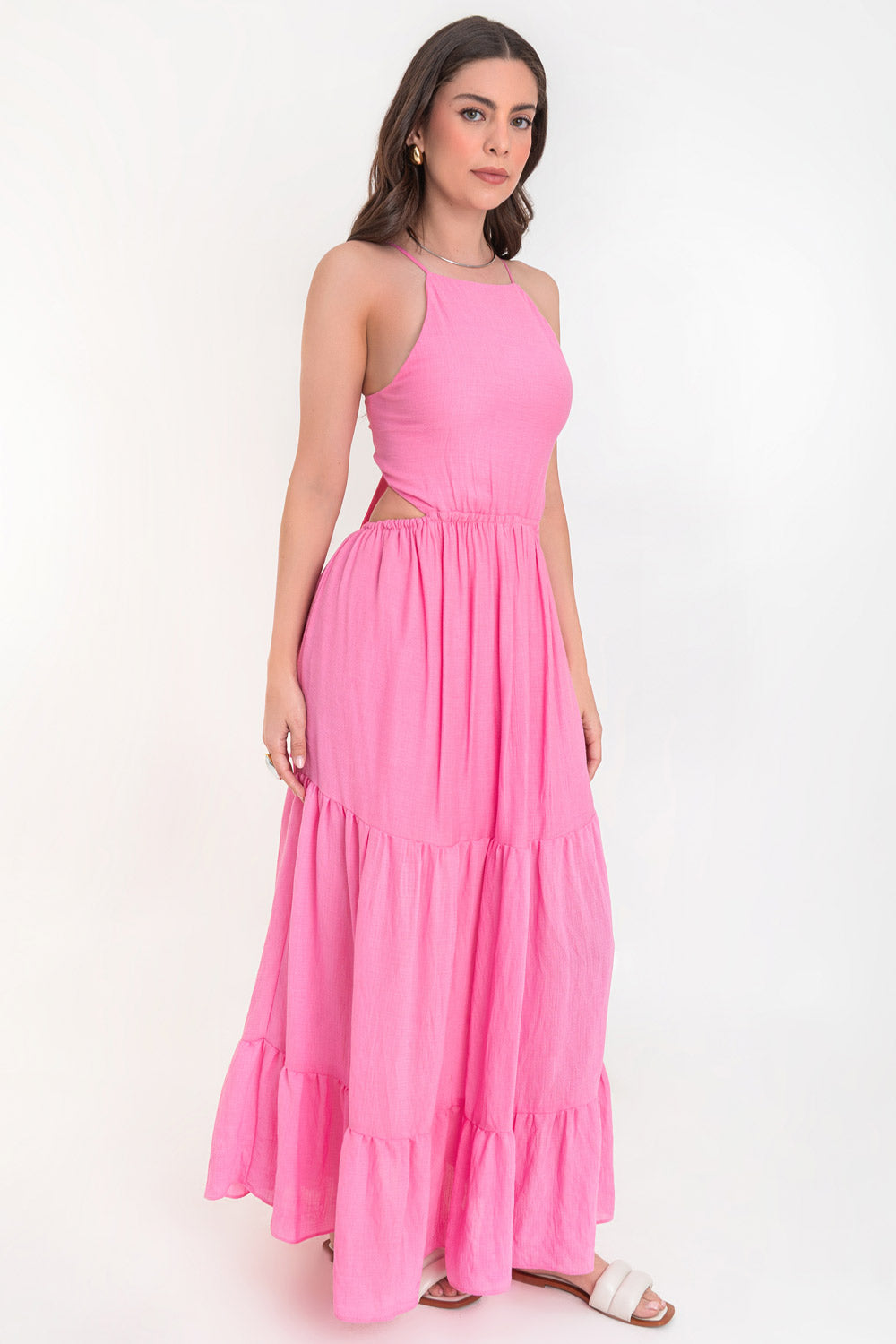 Maxi vestido halter con olanes cut out rosa – HIGHSTREET