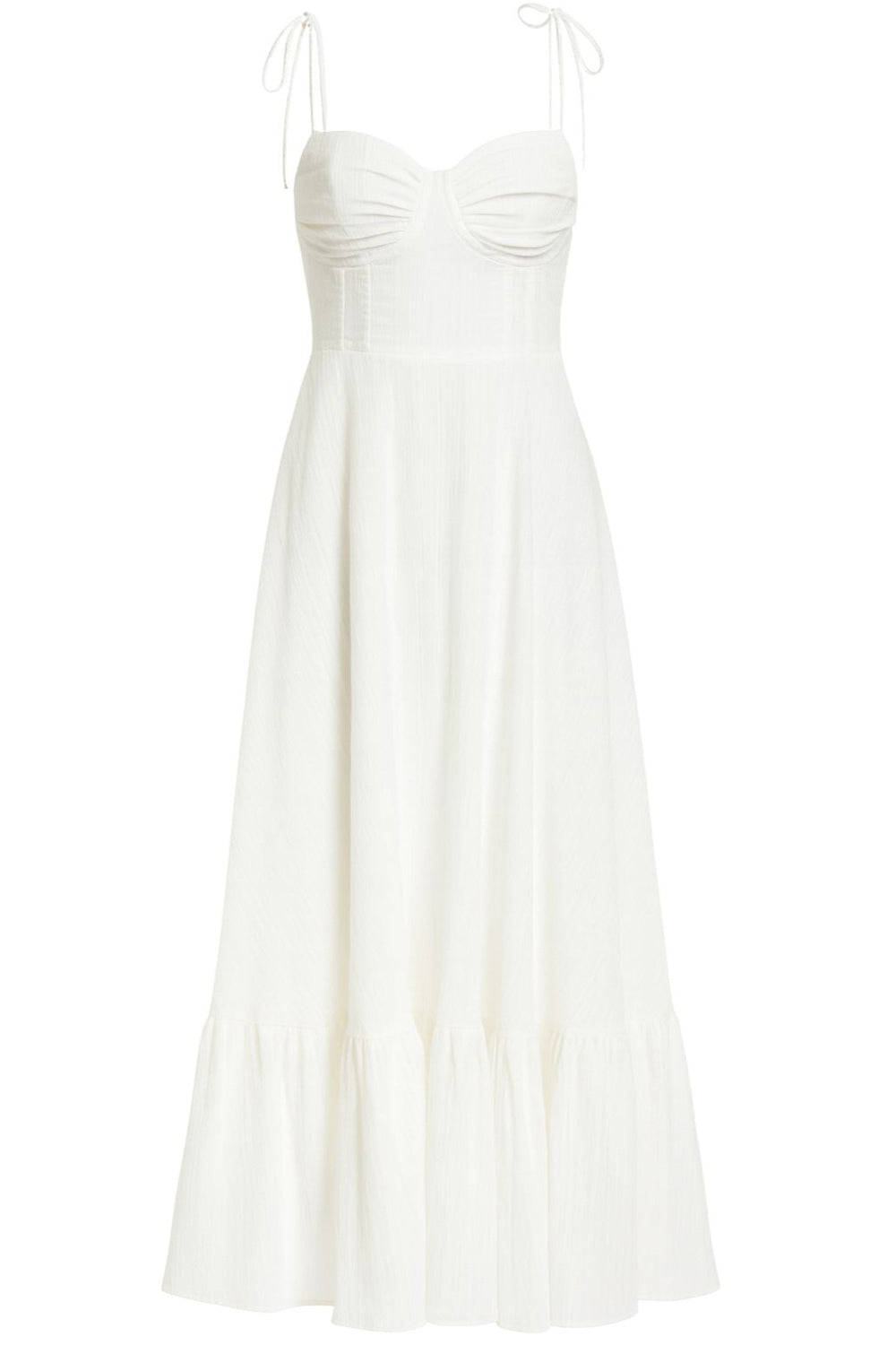 Maxi vestido de corte en a, tirantes delgados con nudo amarrables, escote corazón con cortes y detalles plisados. Cierre posterior con cremallera visible en contraste y olanes en borde de bajo.