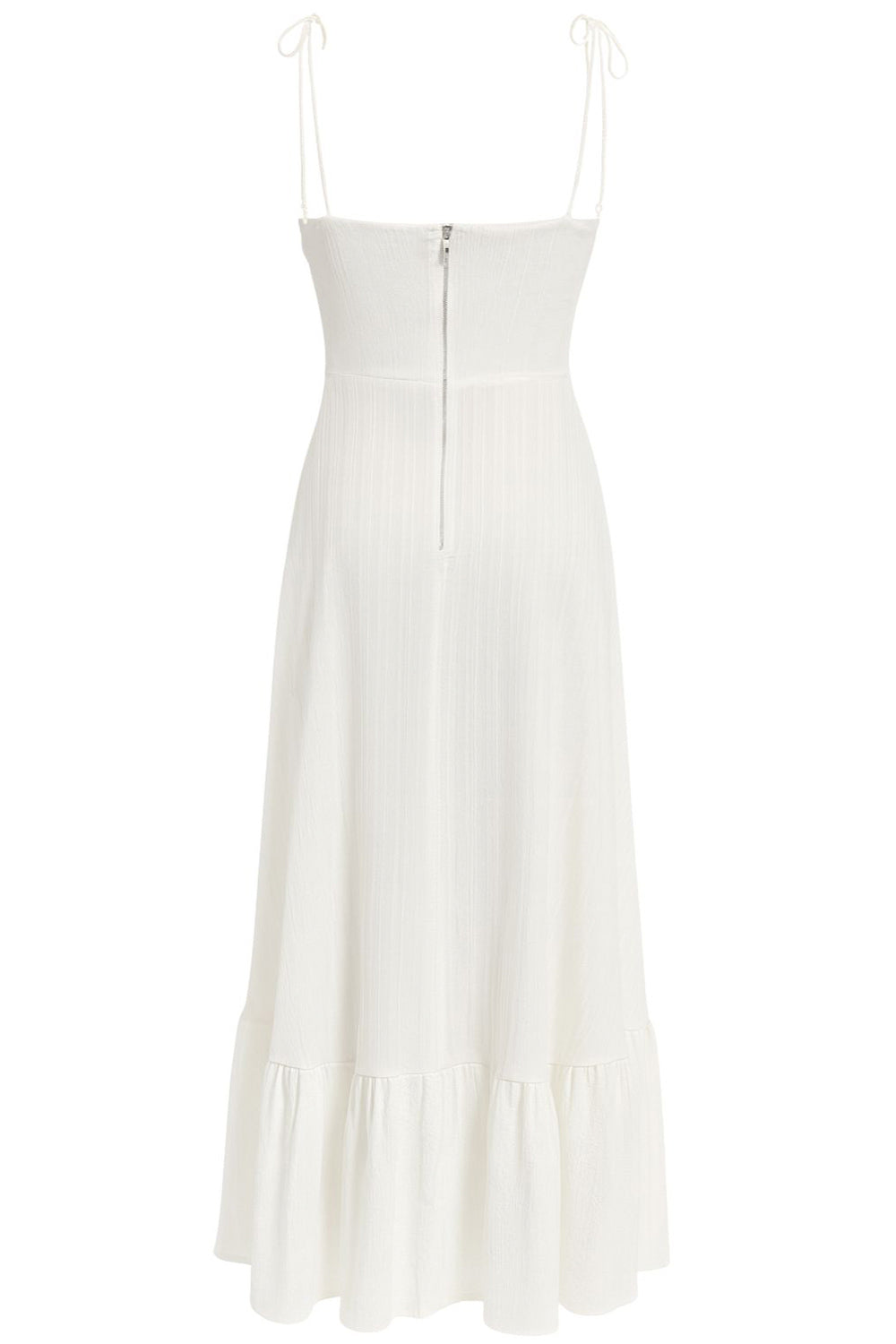 Maxi vestido de corte en a, tirantes delgados con nudo amarrables, escote corazón con cortes y detalles plisados. Cierre posterior con cremallera visible en contraste y olanes en borde de bajo.