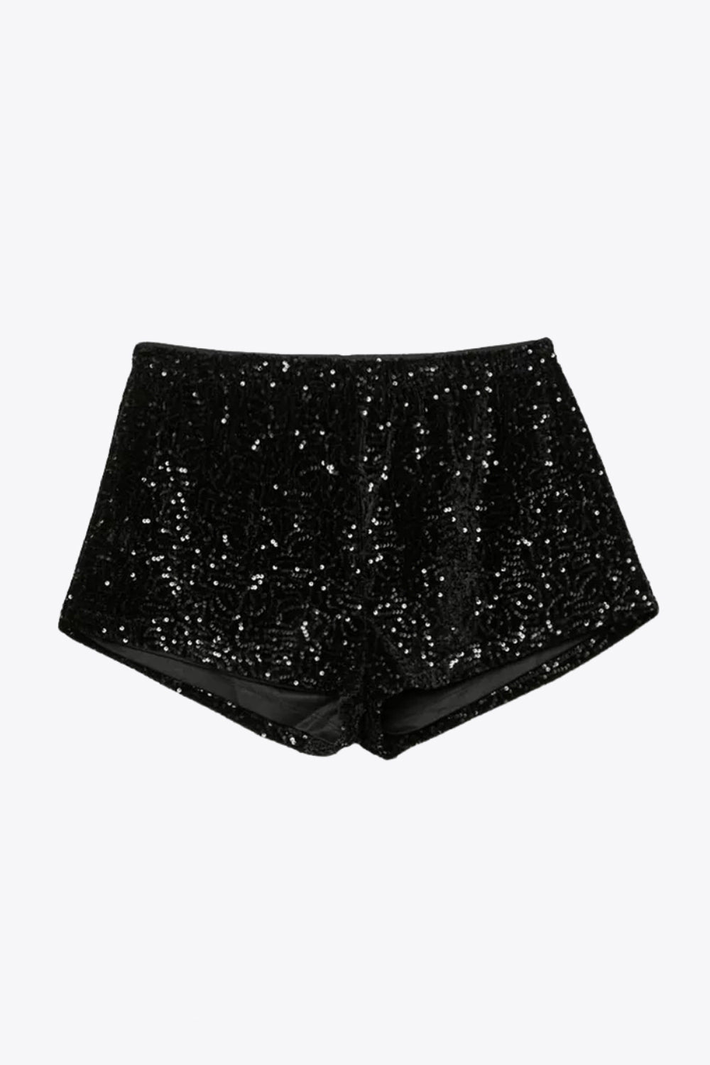 Short mini de lentejuelas, fit ajustado y cintura alta elástica.