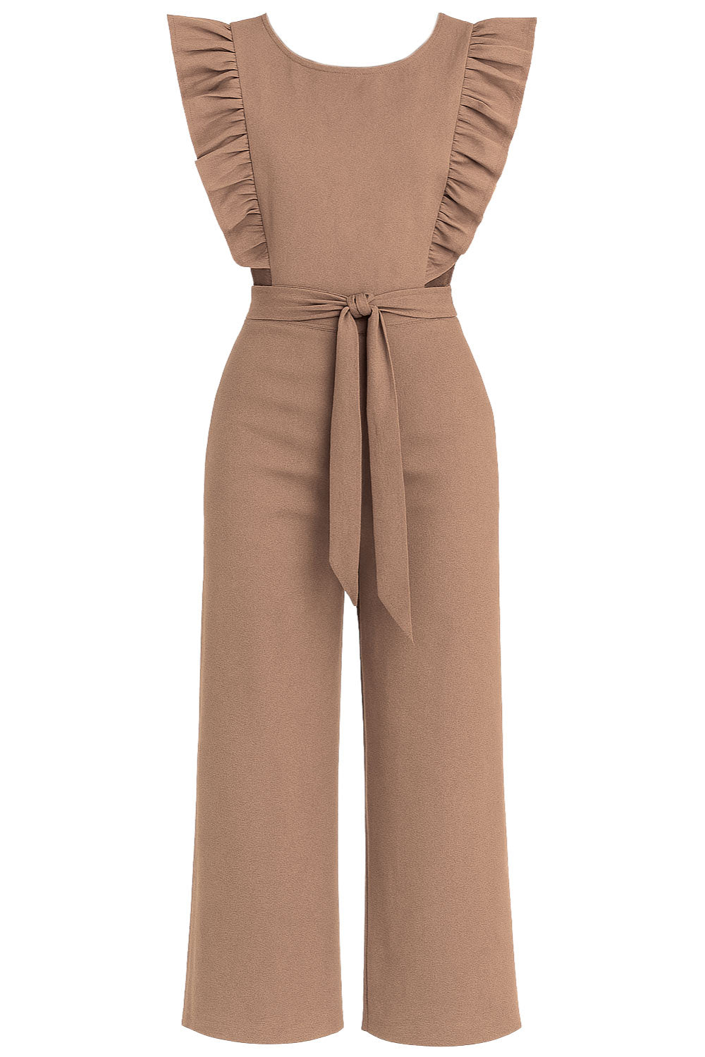 Palazzo de fit culotte, cintura con cut-out en costado, cuello redondo, sin mangas, detalle de olanes en hombros, lazo posterior amarrable en cintura y cierre posterior con cremallera visible en contraste.