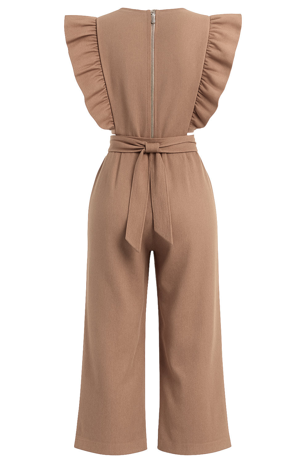 Palazzo de fit culotte, cintura con cut-out en costado, cuello redondo, sin mangas, detalle de olanes en hombros, lazo posterior amarrable en cintura y cierre posterior con cremallera visible en contraste.