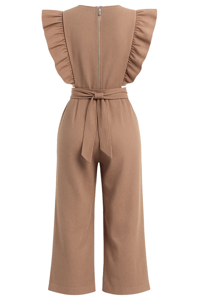 Palazzo de fit culotte, cintura con cut-out en costado, cuello redondo, sin mangas, detalle de olanes en hombros, lazo posterior amarrable en cintura y cierre posterior con cremallera visible en contraste.