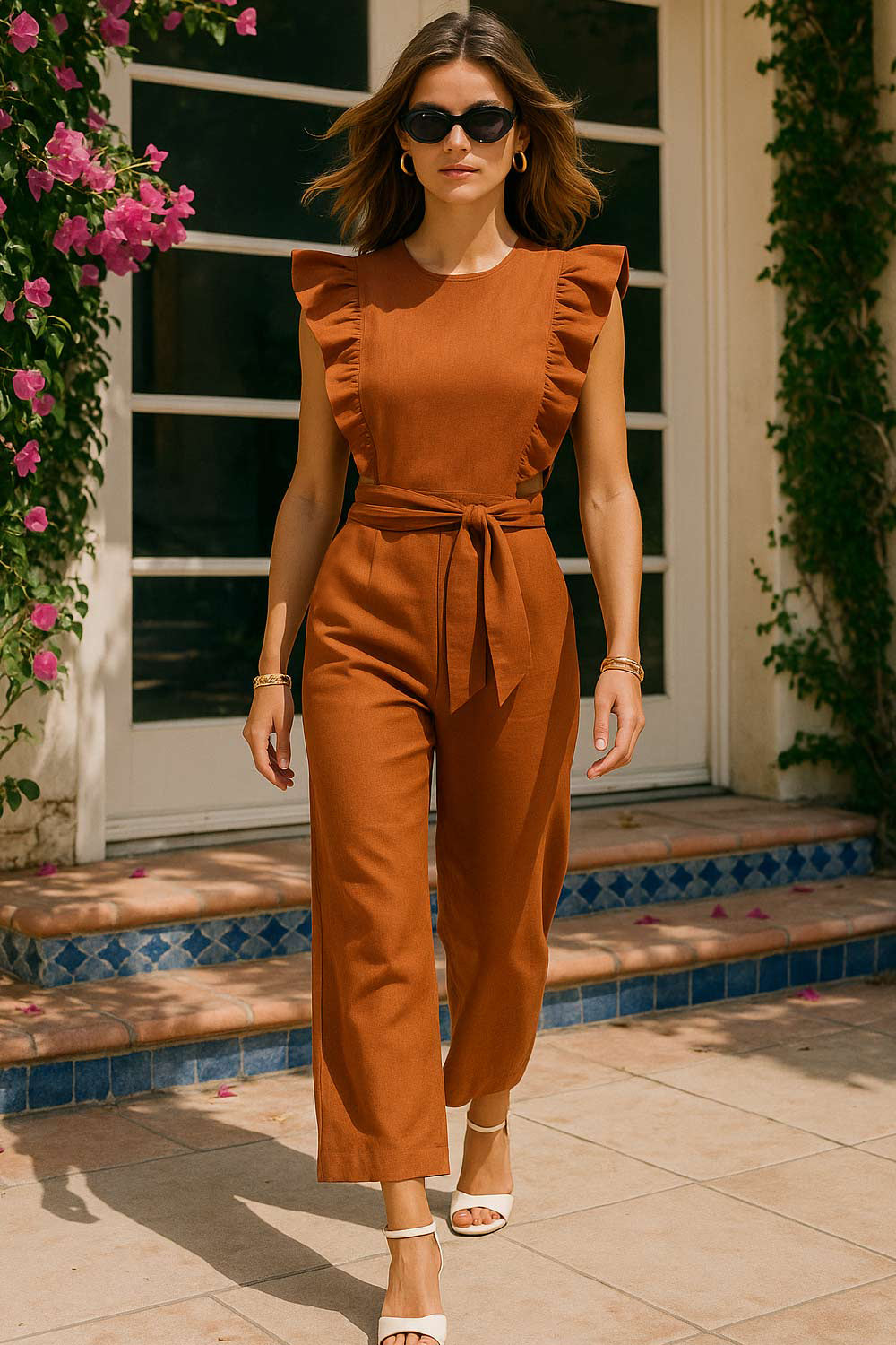 Palazzo de fit culotte, cintura con cut-out en costado, cuello redondo, sin mangas, detalle de olanes en hombros, lazo posterior amarrable en cintura y cierre posterior con cremallera visible en contraste.&nbsp;