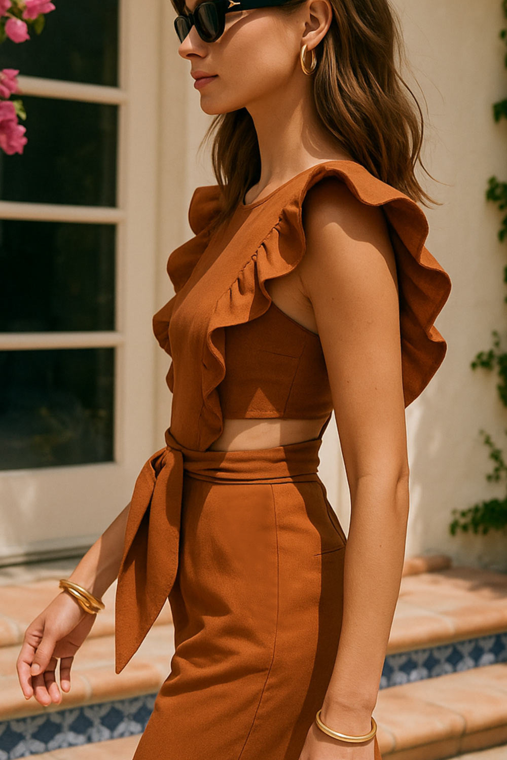 Palazzo de fit culotte, cintura con cut-out en costado, cuello redondo, sin mangas, detalle de olanes en hombros, lazo posterior amarrable en cintura y cierre posterior con cremallera visible en contraste.&nbsp;