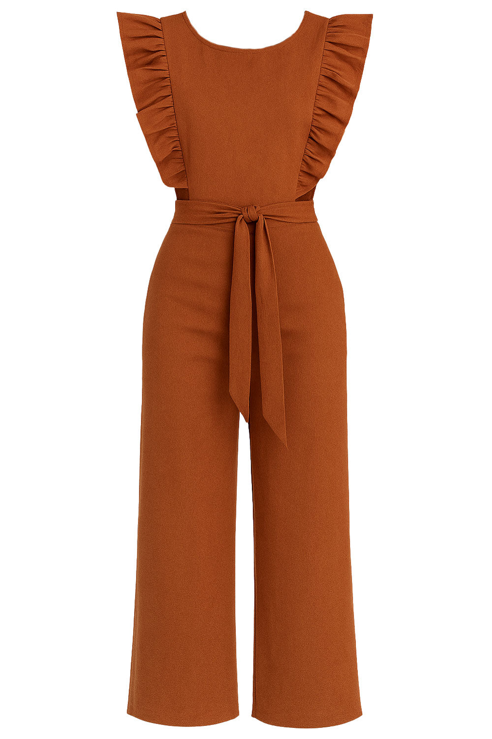 Palazzo de fit culotte, cintura con cut-out en costado, cuello redondo, sin mangas, detalle de olanes en hombros, lazo posterior amarrable en cintura y cierre posterior con cremallera visible en contraste.&nbsp;