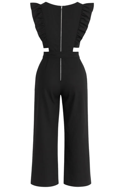 Palazzo de fit culotte, cintura con cut-out en costado, cuello redondo, sin mangas, detalle de olanes en hombros, lazo posterior amarrable en cintura y cierre posterior con cremallera visible en contraste.