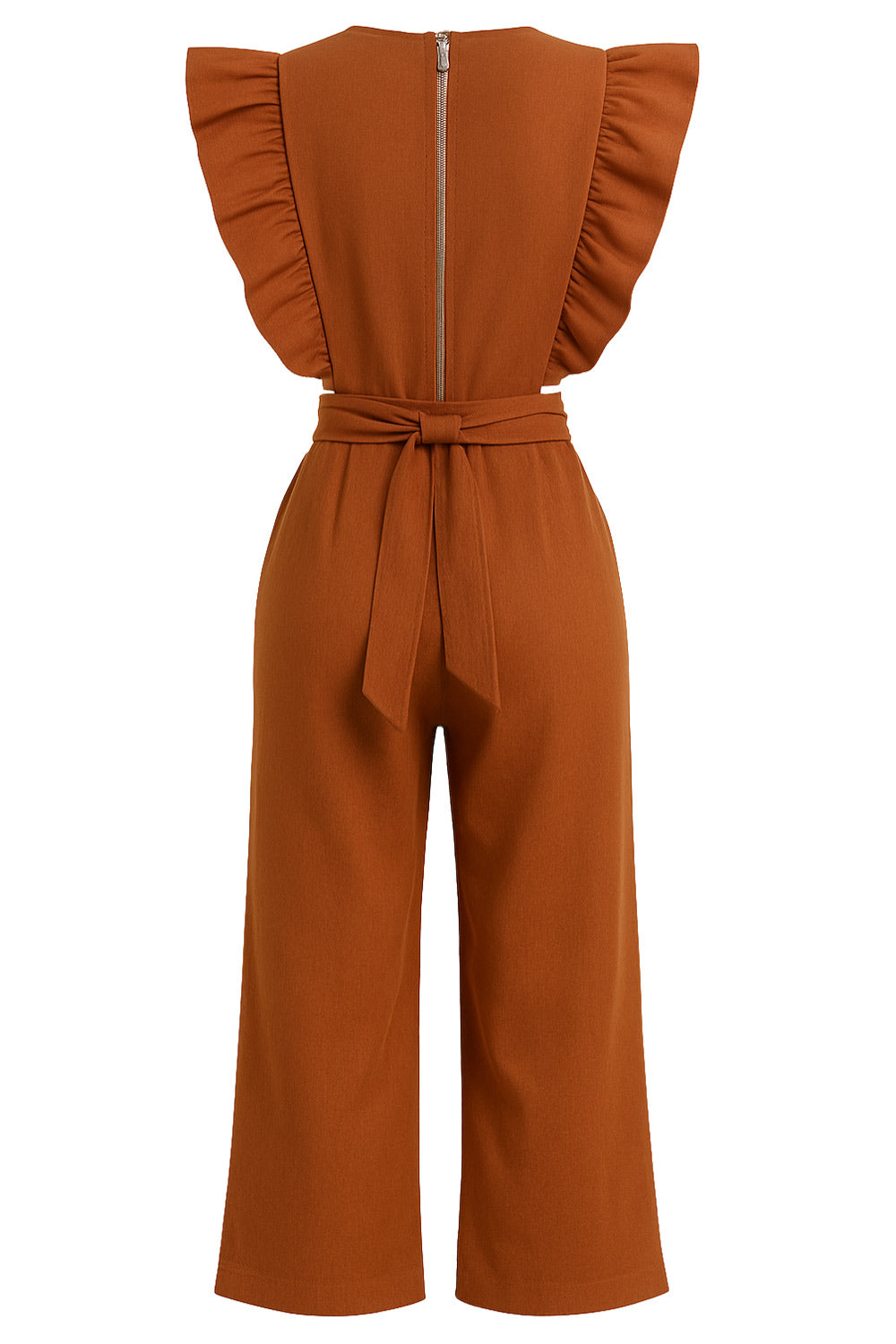 Palazzo de fit culotte, cintura con cut-out en costado, cuello redondo, sin mangas, detalle de olanes en hombros, lazo posterior amarrable en cintura y cierre posterior con cremallera visible en contraste.&nbsp;