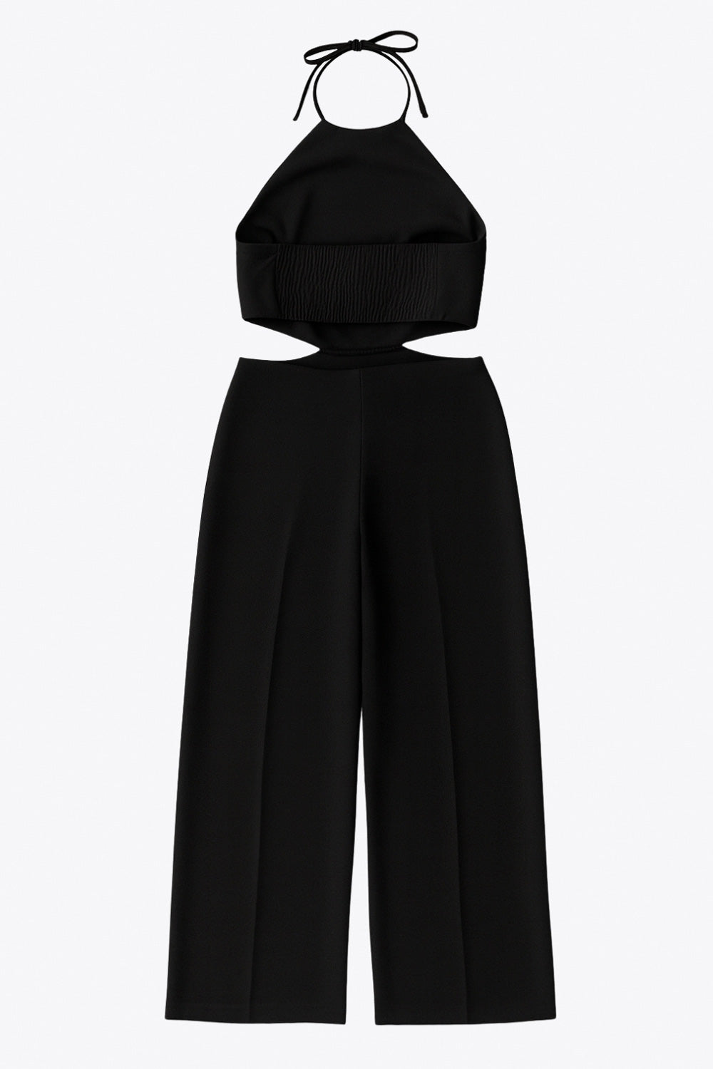 Palazzo ajustado de fit wide leg, cuello halter con lazo amarrable posterior, cut out en costados y espalda. Detalle de fruncido en espalda.