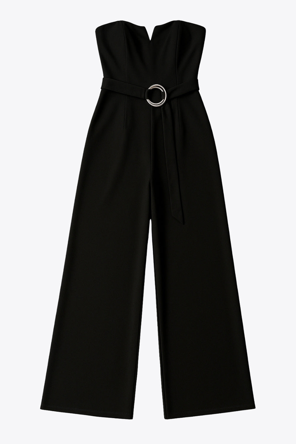 Palazzo strapless de escote v, fit flare, fit ajustado y cinturón con hebilla en contraste. Cierre con cremallera oculta posterior.