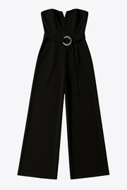 Palazzo strapless de escote v, fit flare, fit ajustado y cinturón con hebilla en contraste. Cierre con cremallera oculta posterior.