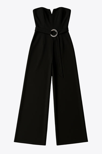 Palazzo strapless de escote v, fit flare, fit ajustado y cinturón con hebilla en contraste. Cierre con cremallera oculta posterior.