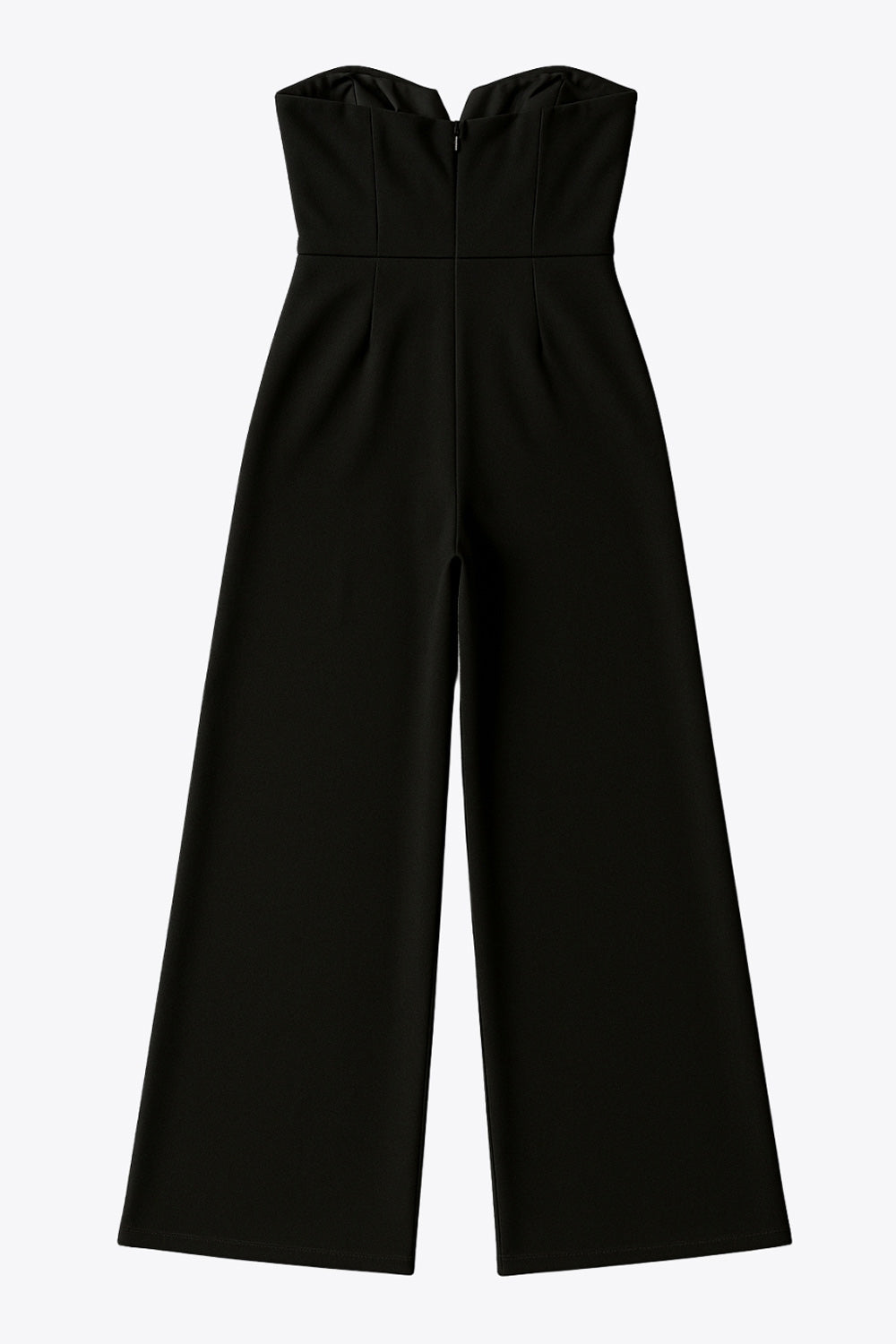 Palazzo strapless de escote v, fit flare, fit ajustado y cinturón con hebilla en contraste. Cierre con cremallera oculta posterior.