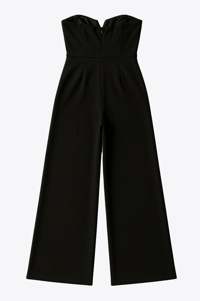 Palazzo strapless de escote v, fit flare, fit ajustado y cinturón con hebilla en contraste. Cierre con cremallera oculta posterior.