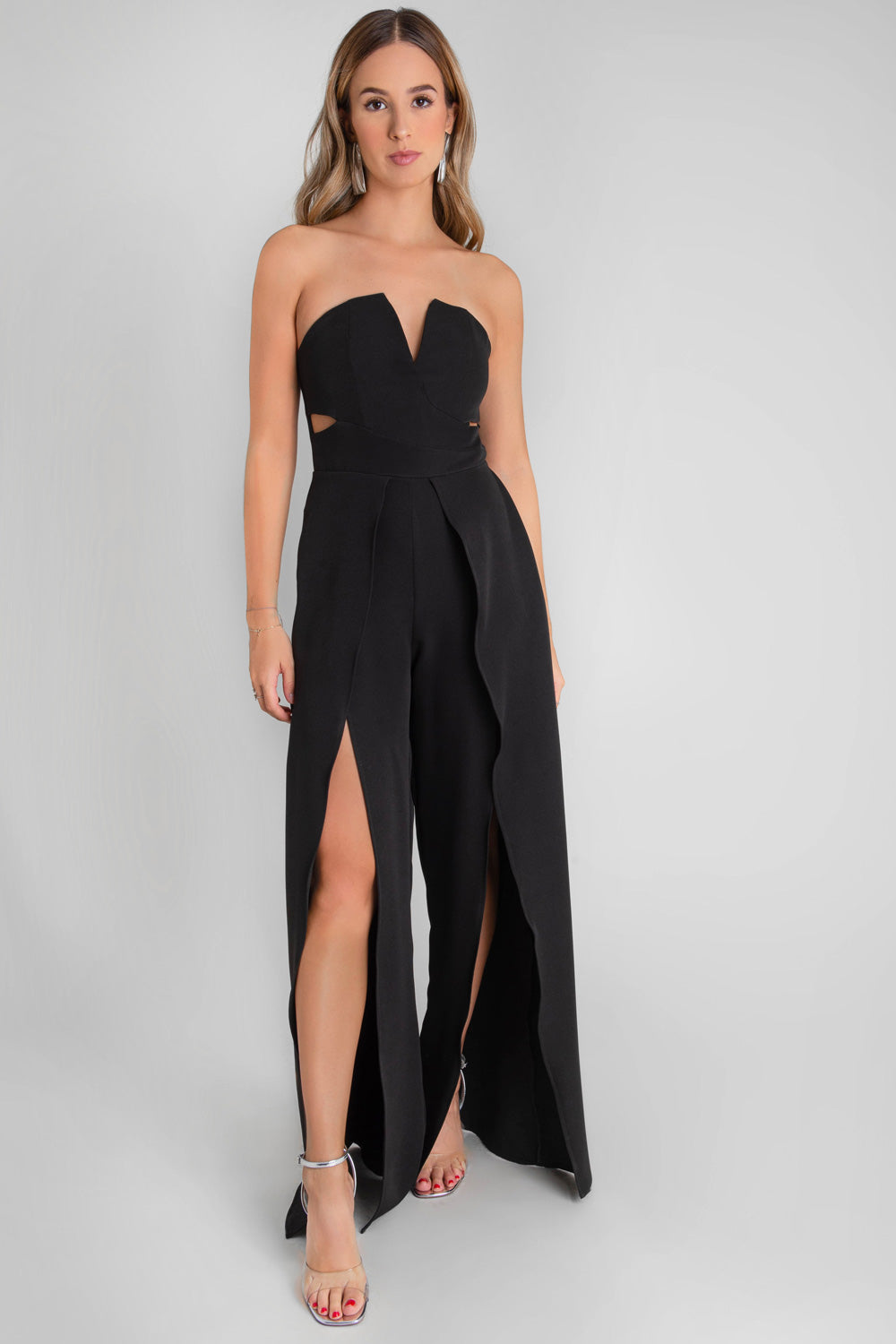 Palazzo strapless wide leg con aberturas