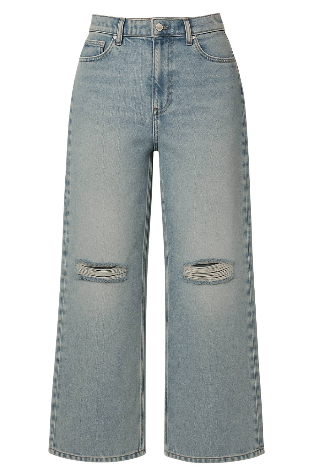 Pantalón de denim, lavado acid, fit wide leg, tiro alto con pretina y trabillas, bolsillos delanteros y traseros de parche. Cierre con botón y cremallera oculta. Detalle de frontal rotos.