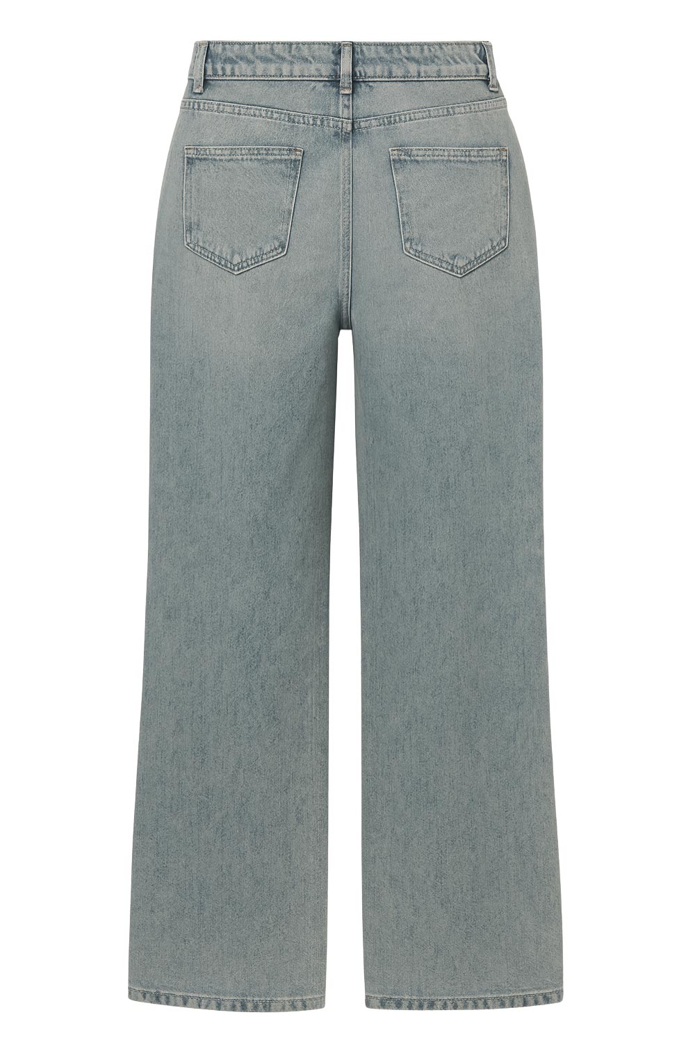 Pantalón de denim, lavado acid, fit wide leg, tiro alto con pretina y trabillas, bolsillos delanteros y traseros de parche. Cierre con botón y cremallera oculta. Detalle de frontal rotos.