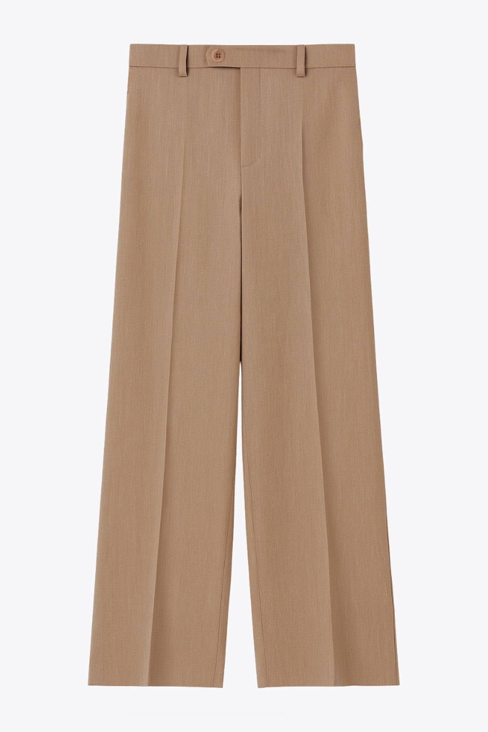 Pantalón ajustado de cintura alta con pretina y trabillas, bolsillos delanteros, fit recto, raya frontal y posterior. Cierre frontal con botón y cremallera oculta.