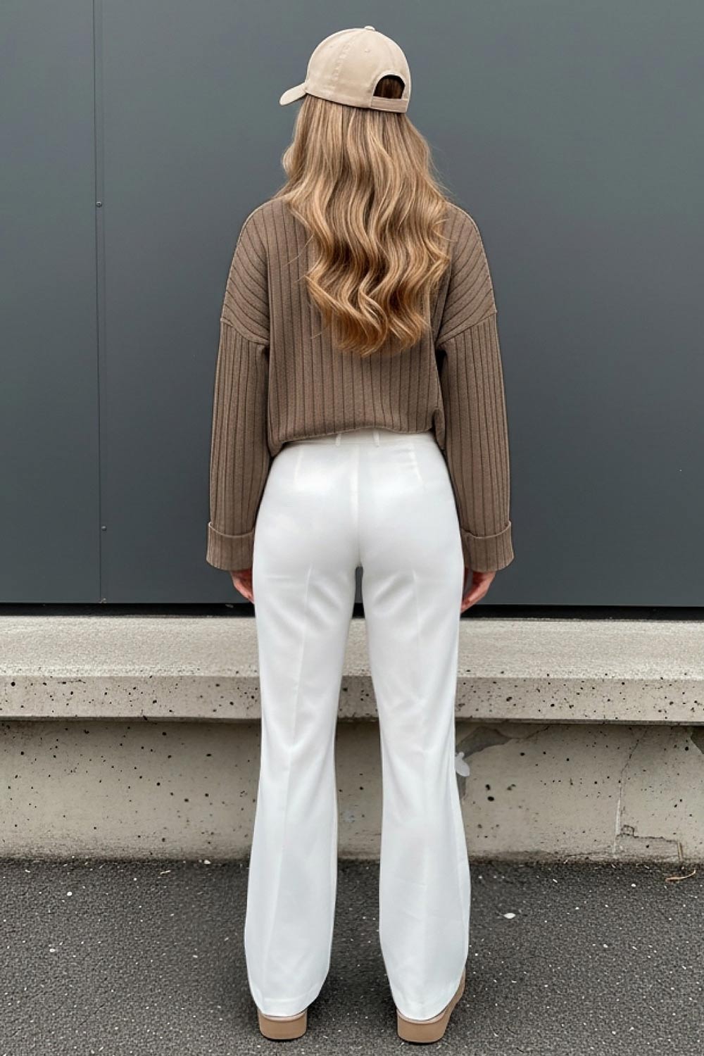 Pantalón ajustado de fit flare, cintura alta con pretina y trabillas, raya frontal y posterior, cierre con cremallera oculta y botones.