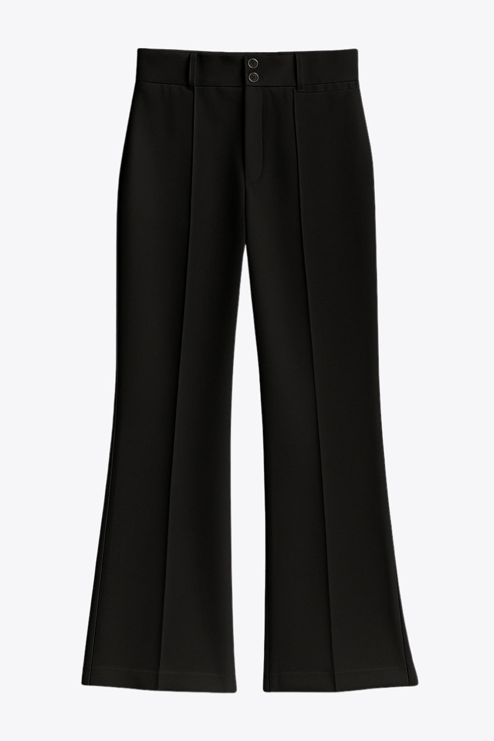 Pantalón ajustado de fit flare, cintura alta con pretina y trabillas, raya frontal y posterior, cierre con cremallera oculta y botones.