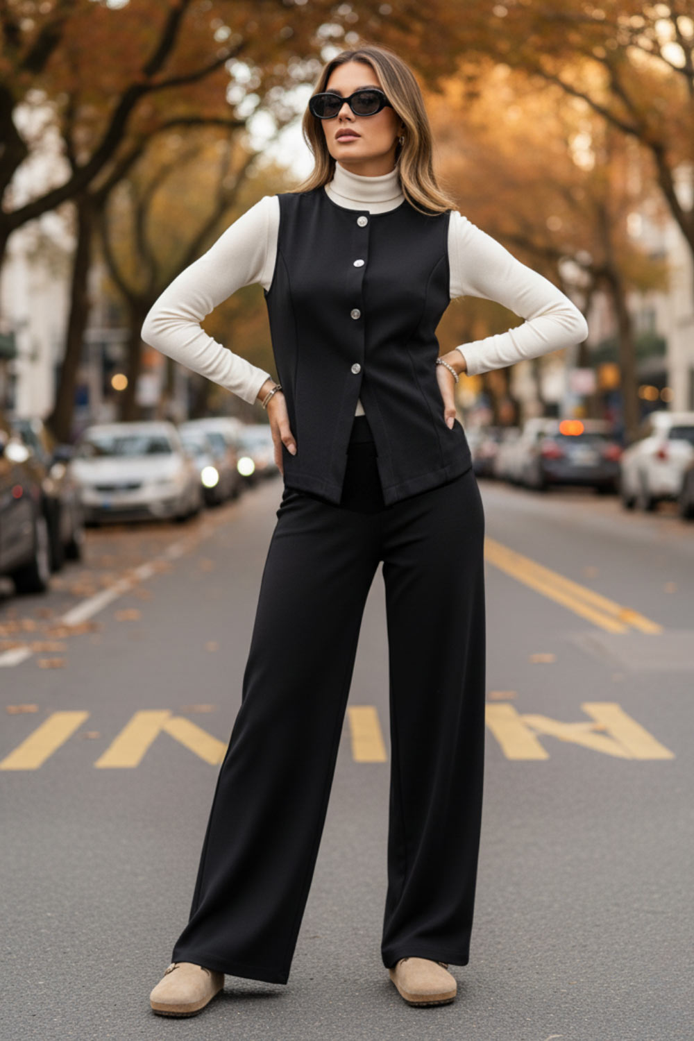 Pantalón básico de fit wide leg y cintura alta con pretina elástica.