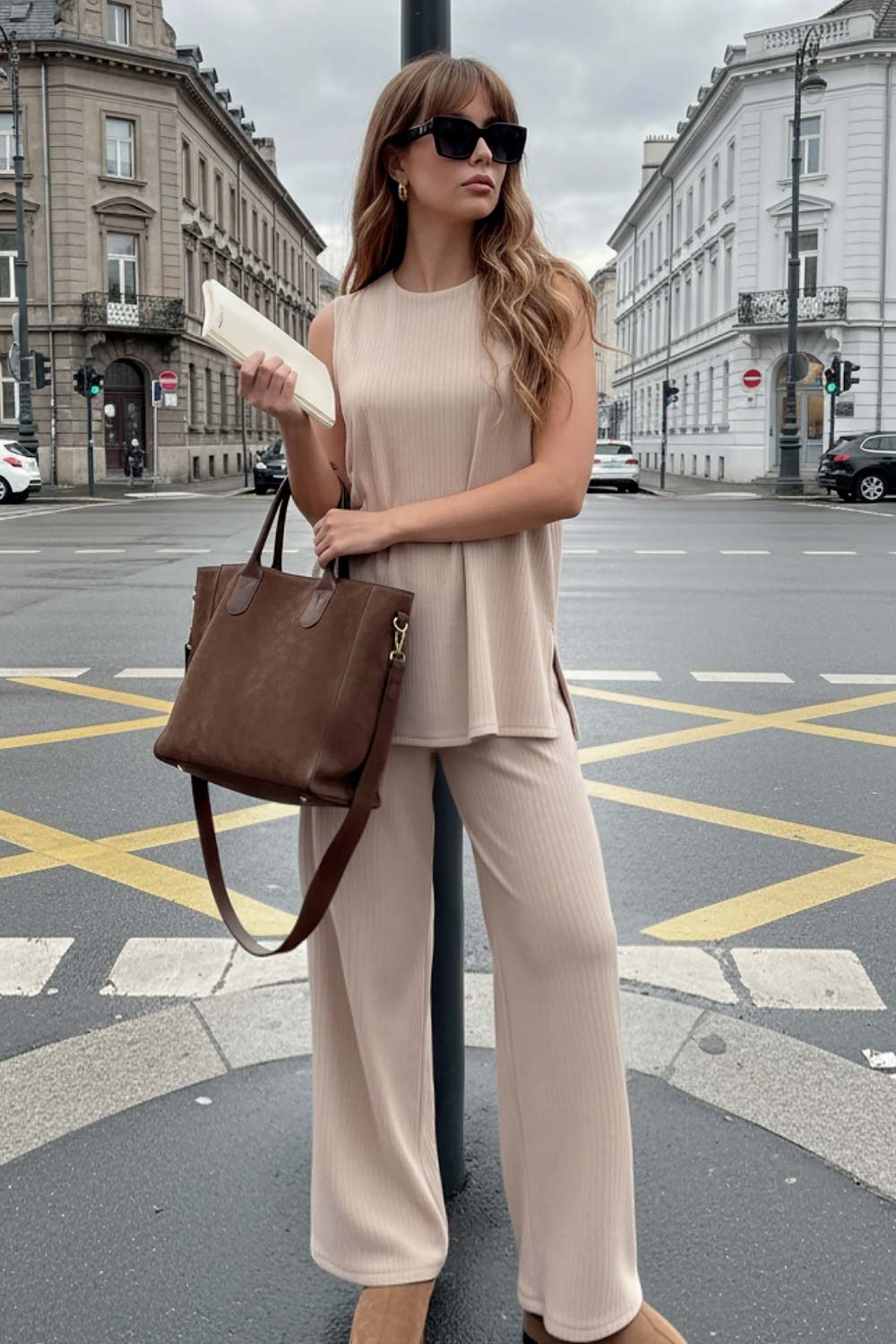 Pantalón canalé de punto, fit wide leg y cintura alta con pretina elástica.