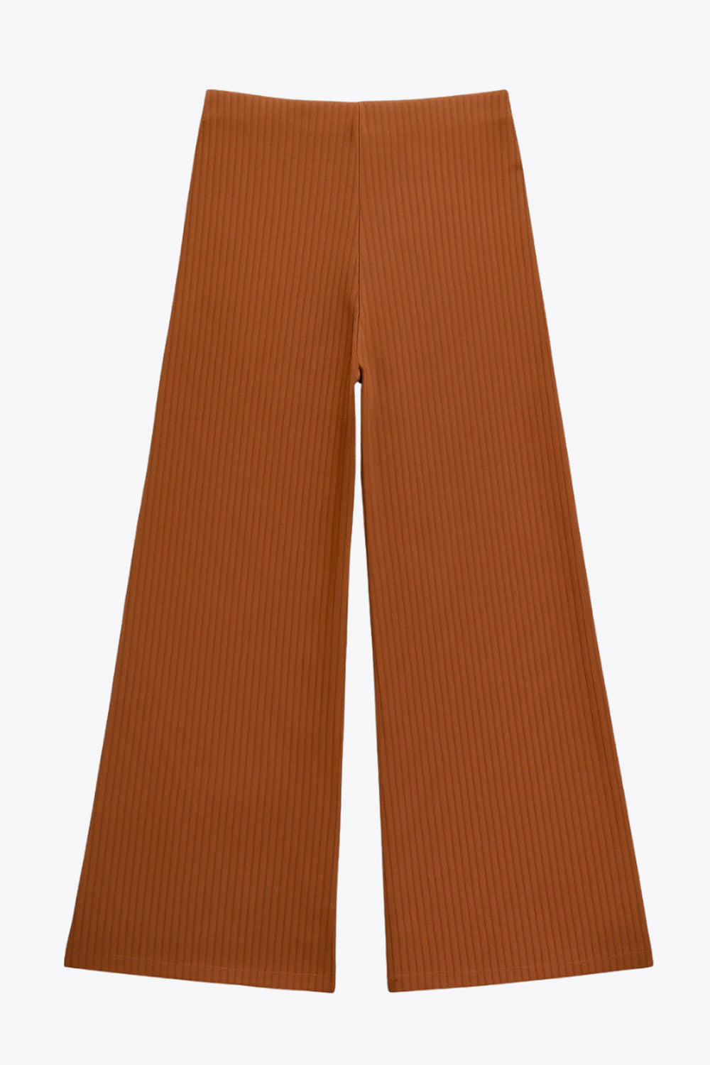 Pantalón canalé de punto, fit wide leg y cintura alta con pretina elástica.