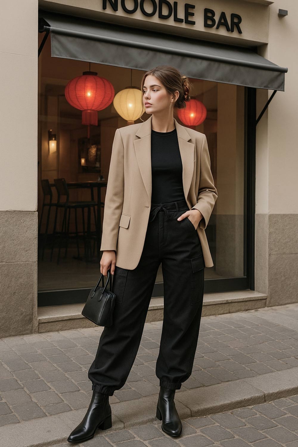 Pantalón cargo de cintura alta elástica con jareta frontal ajustable, fit amplio, plisados decorativos en rodillas, bolsillos delanteros, laterales cargo con cartera y traseros de parche. Detalle de bajo con jaretas ajustables, cierre frontal con botón y cremallera oculta.