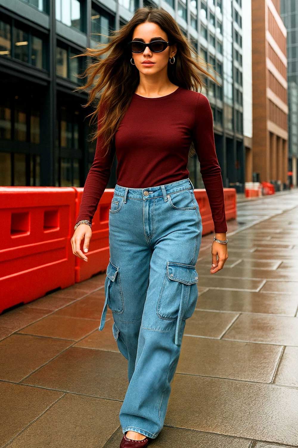 Pantalón cargo multipocket de denim, fit wide leg, cintura media con pretina y trabillas, bolsillos delanteros, laterales cargo con cartera y traseros de parche, costuras decorativas en contraste y trabillas decorativas laterales. Cierre frontal con botón y cremallera oculta.