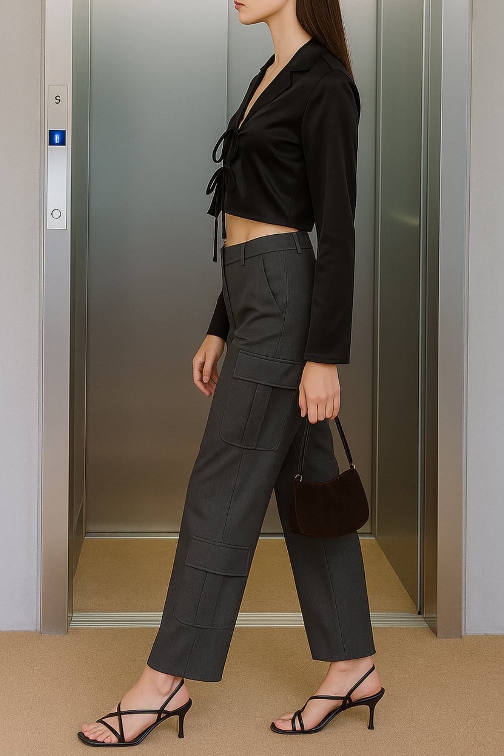 Pantalón cargo de fit recto, cintura alta con pretina elástica posterior y trabillas, bolsillos delanteros y laterales cargo con cartera. Cierre frontal con broche y cremallera ocultos.