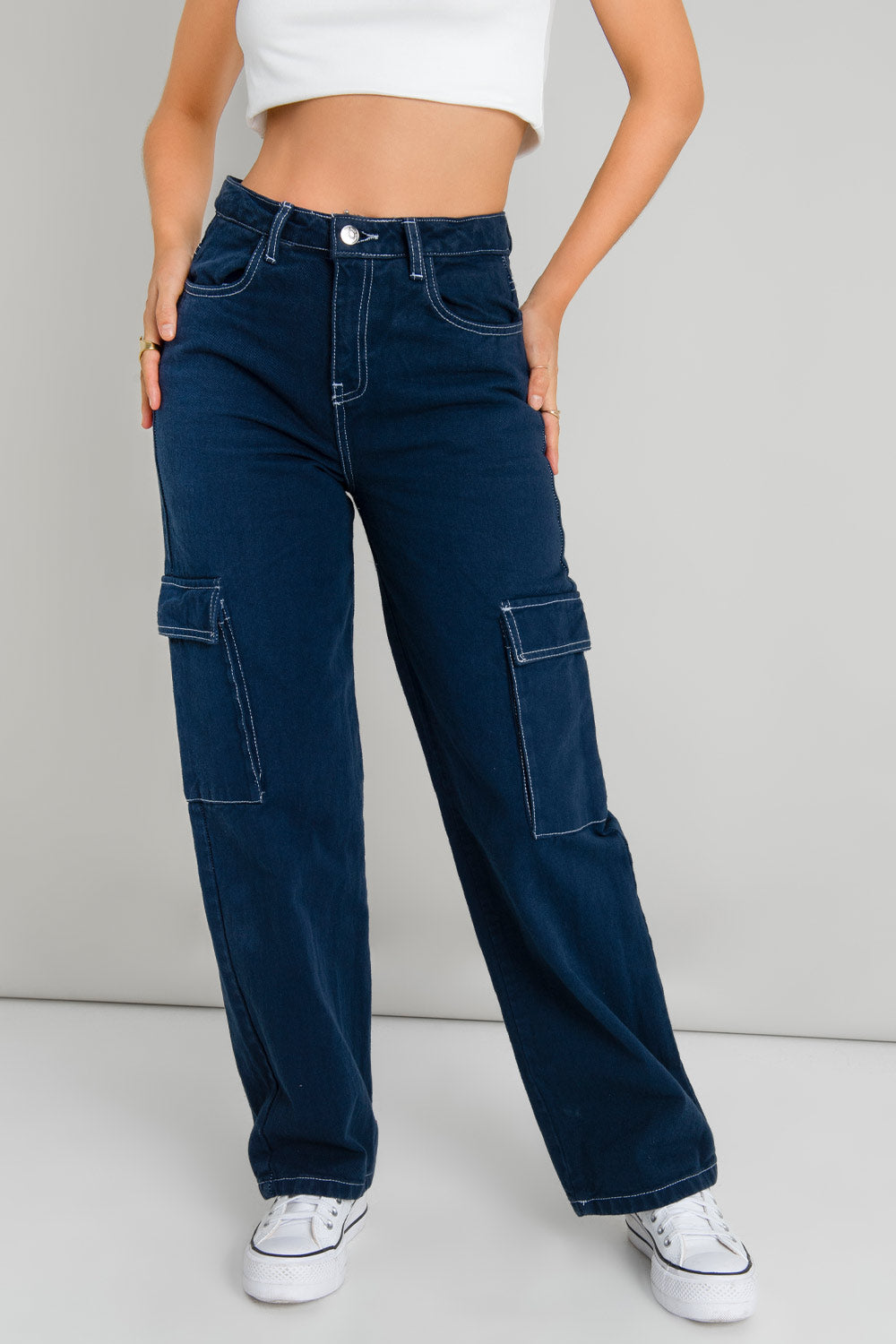 Jean Cargo Mujer Pantalones Con Costuras Blancas Pantalon Costuras