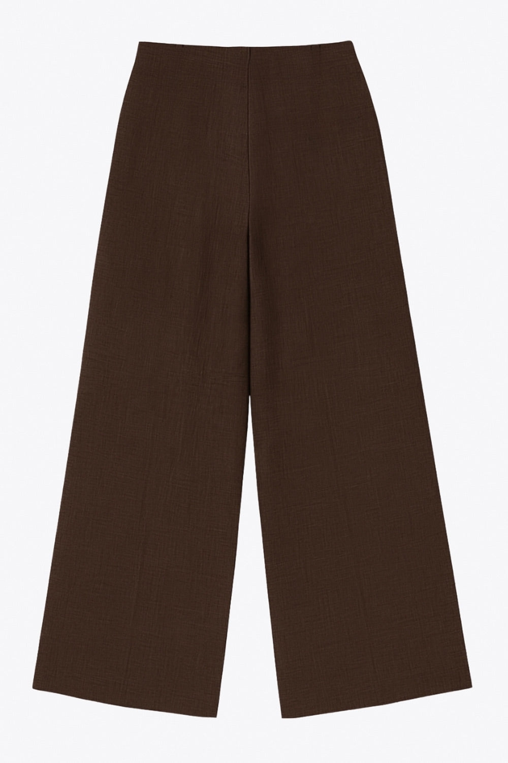 Pantalón fluido de cintura alta con pretina y trabillas, fit wide leg, pinzas frontales, bolsillos delanteros, detalle de raya frontal y posterior. Cierre frontal con botón y cremallera oculta.