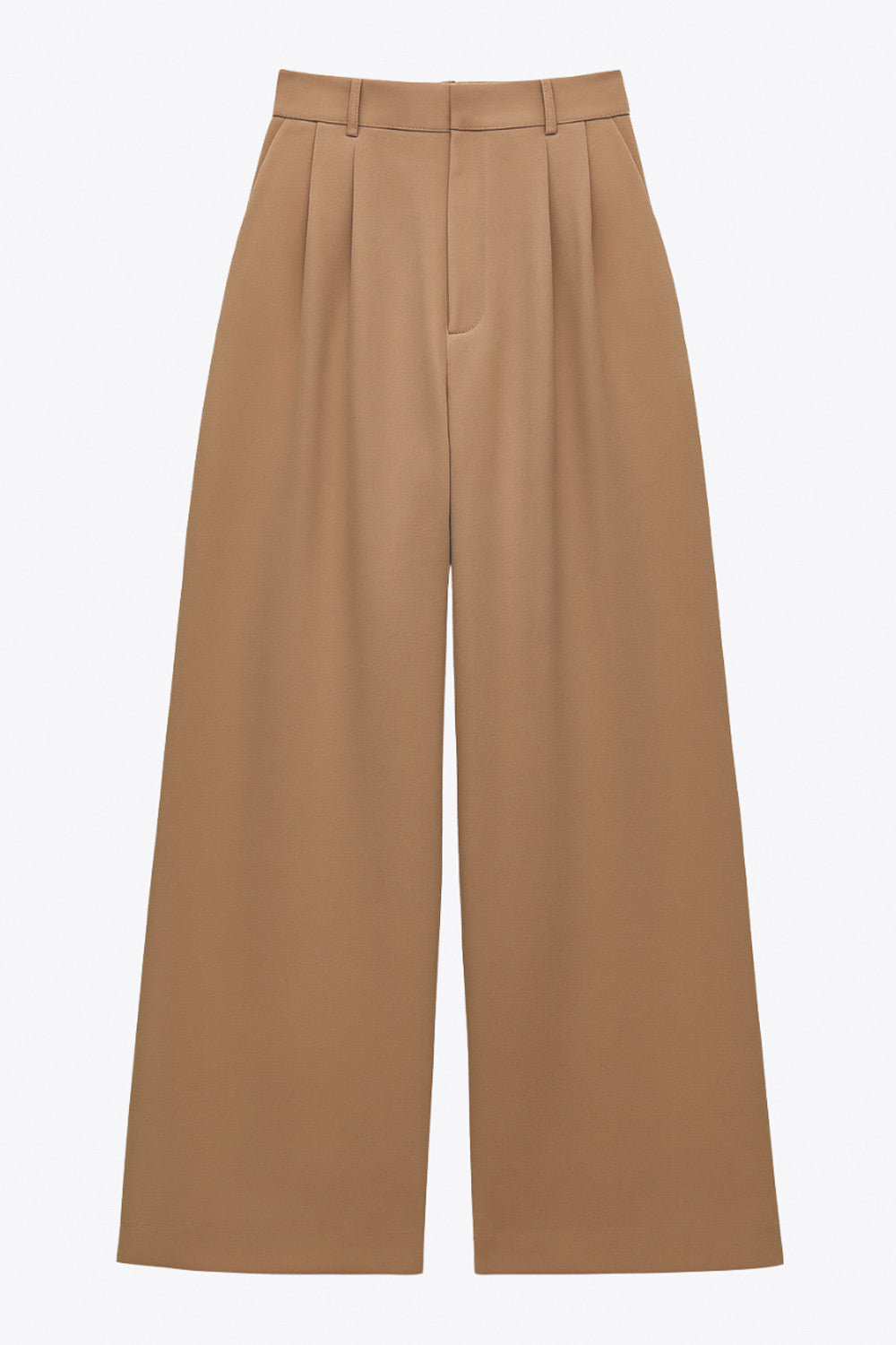 Pantalón de fit wide leg, pinzas frontales, cintura alta con pretina y trabillas, bolsillos delanteros, cierre frontal con broche y cremallera ocultos.