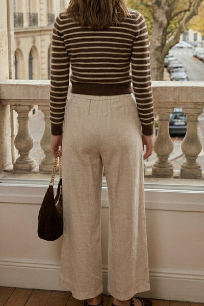 Pantalón de fit culotte, con pinzas al frente, pretina con botón y trabillas para cinturón. Con cintura elástica.&nbsp;