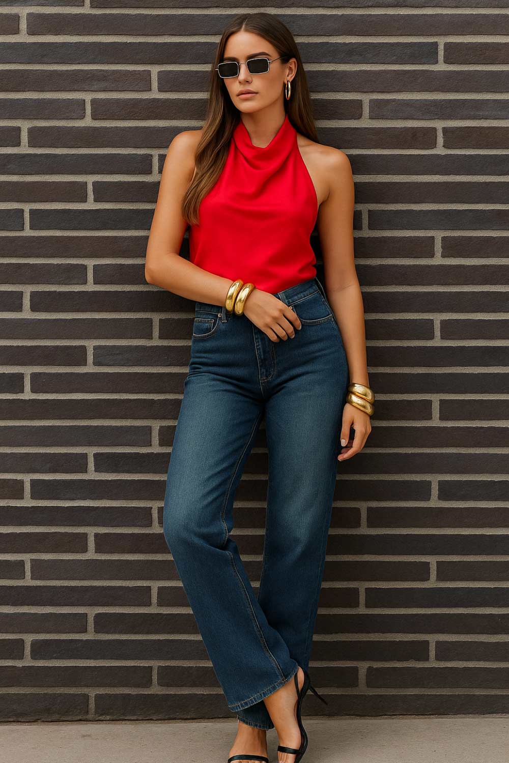 Pantalón de denim, fit recto, cintura alta con pretina y trabillas, detalle de rotos en bajo, bolsillos delanteros y traseros de parche. Cierre frontal con botón y cremallera oculta.