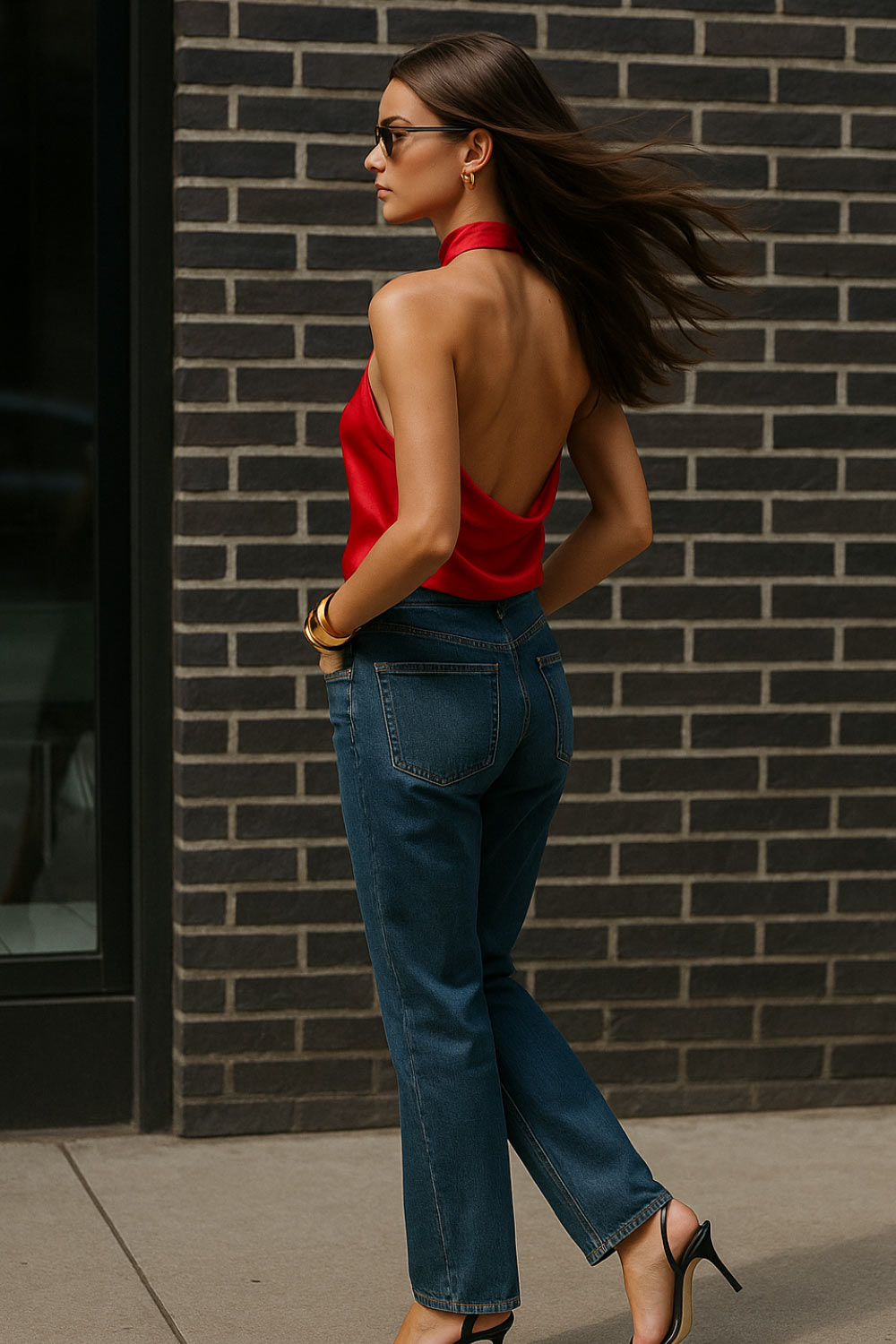 Pantalón de denim, fit recto, cintura alta con pretina y trabillas, detalle de rotos en bajo, bolsillos delanteros y traseros de parche. Cierre frontal con botón y cremallera oculta.