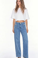 Cropped flare denim trousers with buttoned pockets