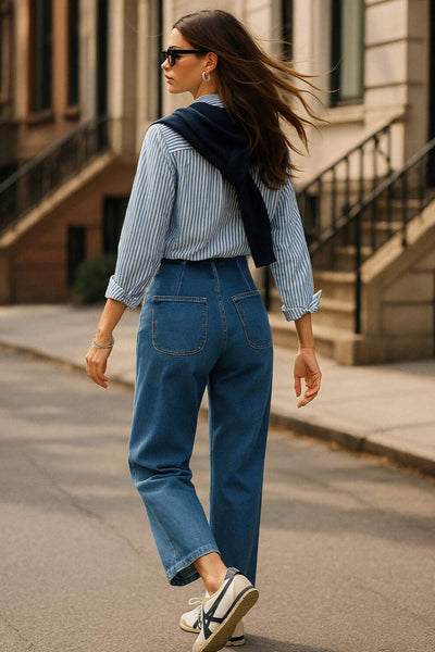 Pantalón de denim, fit cropped flare, cintura alta, bolsillos delanteros con botón y traseros de parche. Cierre frontal con botón en contraste y cremallera oculta.