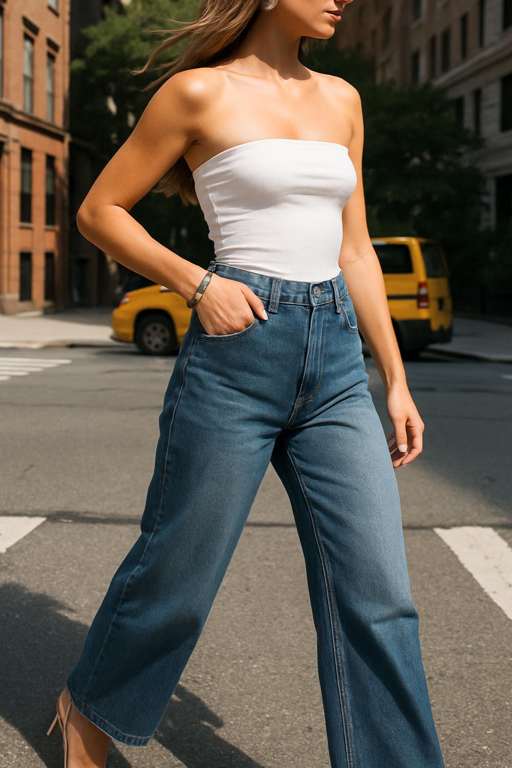 Pantalón de denim, fit flare, cintura alta con pretina y trabillas, bolsillos delanteros y traseros de parche. Cierre frontal con botón y cremallera oculta.