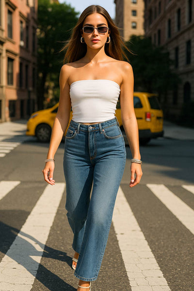 Pantalón de denim, fit flare, cintura alta con pretina y trabillas, bolsillos delanteros y traseros de parche. Cierre frontal con botón y cremallera oculta.