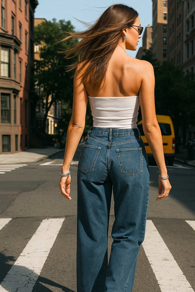 Pantalón de denim, fit flare, cintura alta con pretina y trabillas, bolsillos delanteros y traseros de parche. Cierre frontal con botón y cremallera oculta.