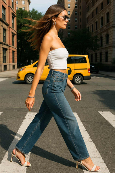 Pantalón de denim, fit flare, cintura alta con pretina y trabillas, bolsillos delanteros y traseros de parche. Cierre frontal con botón y cremallera oculta.