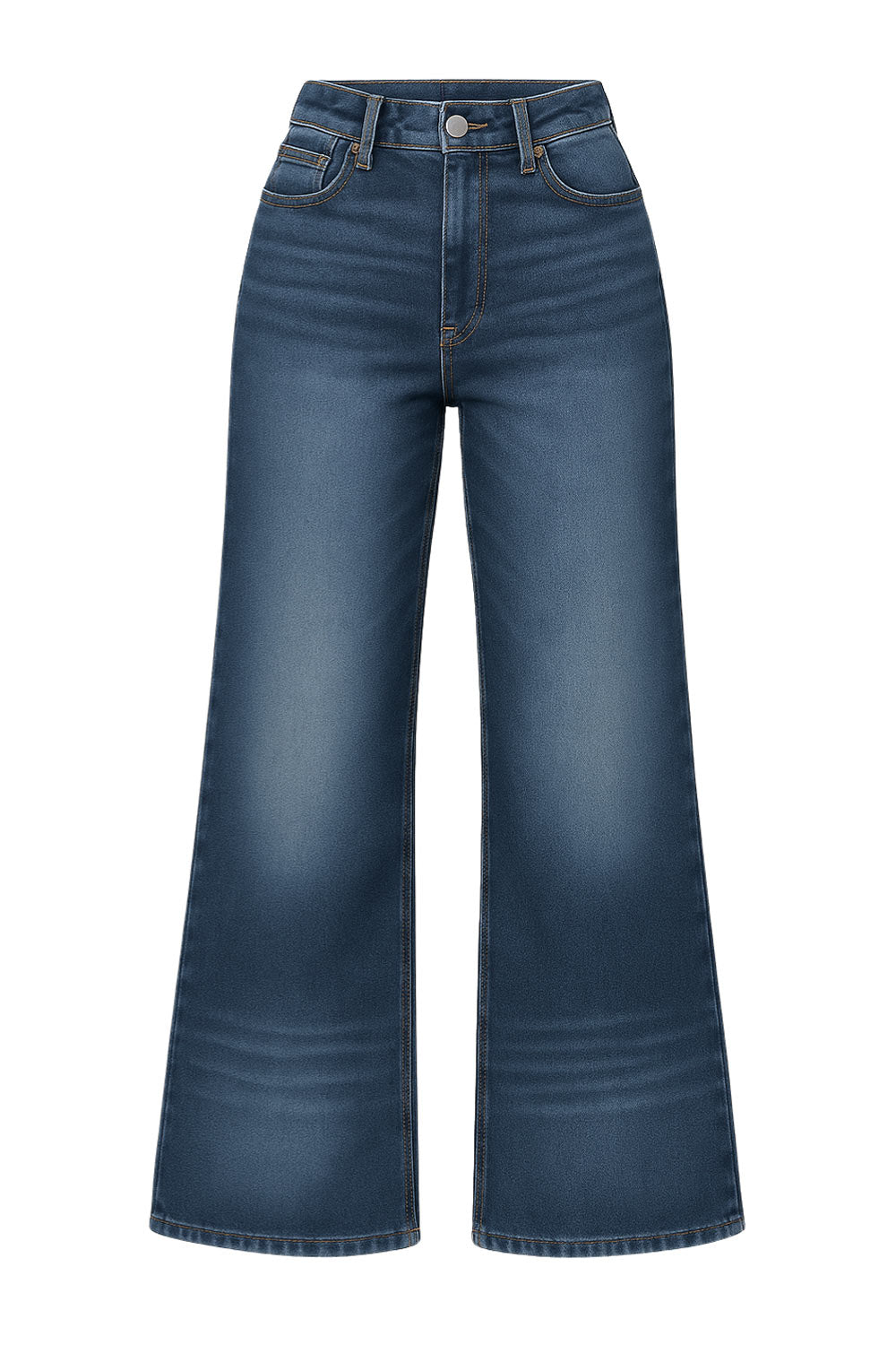 Pantalón de denim, fit flare, cintura alta con pretina y trabillas, bolsillos delanteros y traseros de parche. Cierre frontal con botón y cremallera oculta.