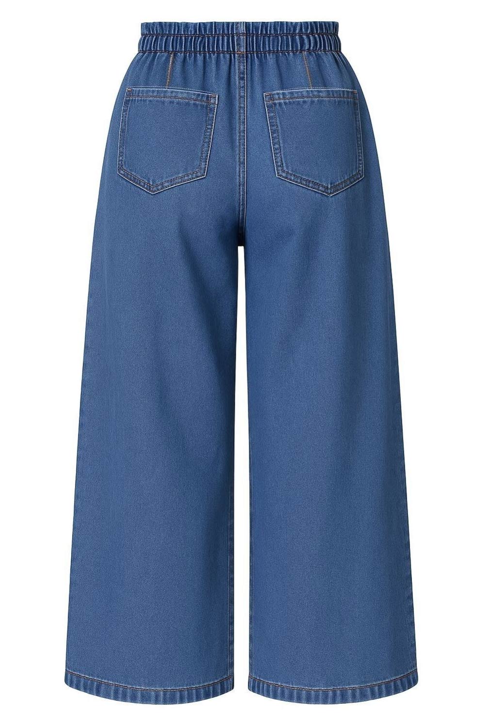 Pantalón de denim, fit wide leg, cintura alta con pretina elástica y trabillas, pinzas frontales, jareta frontal en contraste, bolsillos delanteros y traseros de parche. Cierre frontal con cremallera oculta.